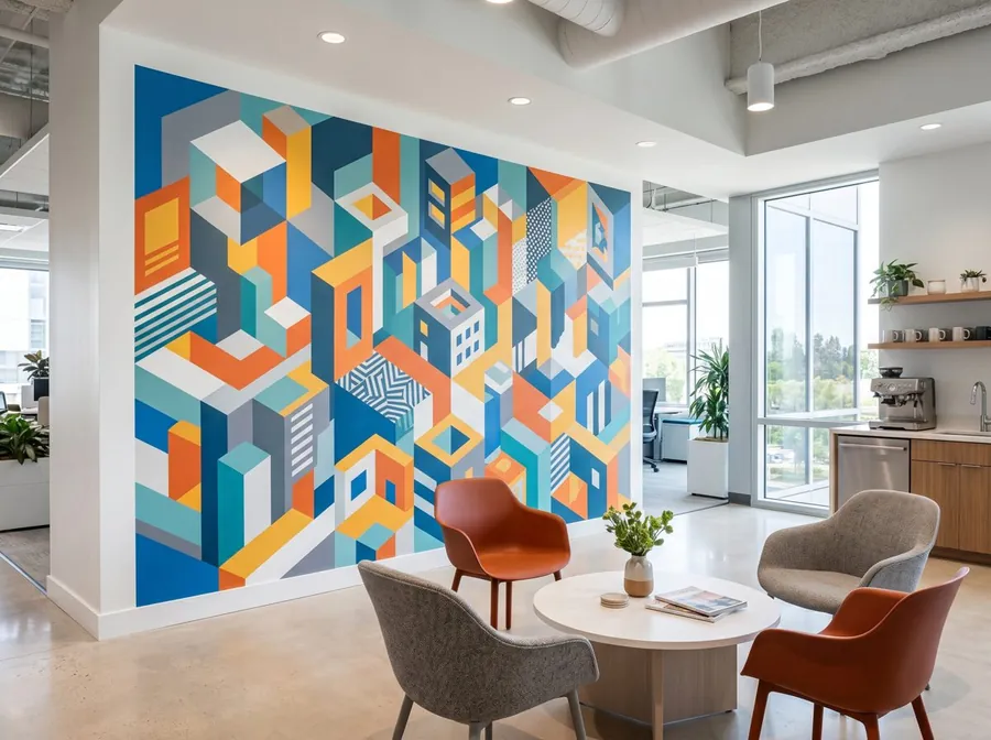 Mural geométrico en una oficina