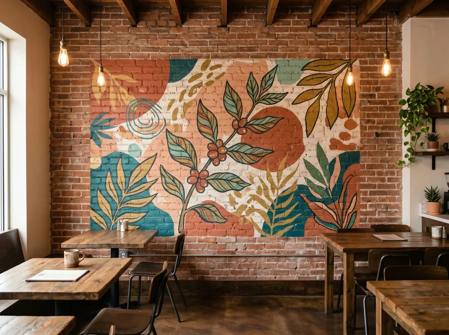 Mural botánico en una cafetería